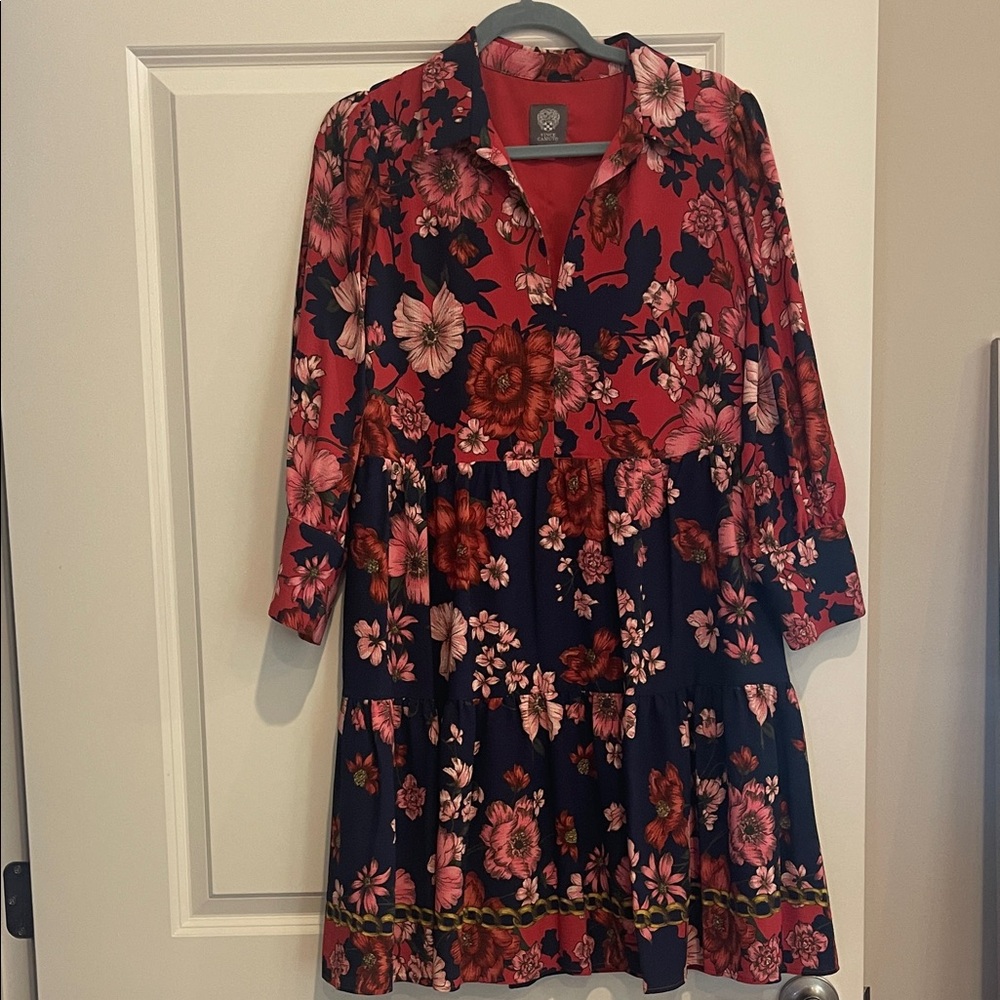 Vince Camuto Floral Button Front Tiered Dress in Red and Navy